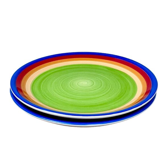 Handpainted Gibson Everyday Ceramic Salad Plates Set Of 2 9" Rainbow Stripes EUC - Picture 1 of 6